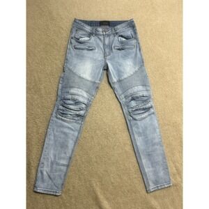 VICTORIOUS Men's 30 Blue Jeans Stretched Distressed Moto Front‎ Zipper Pockets